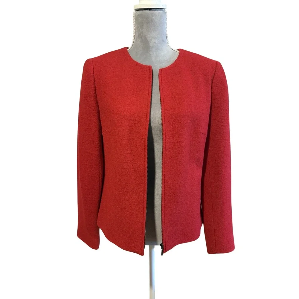 Talbots Size 8 Red Boiled‎ Wool Full Zip Cropped Blazer Jacket Sweater Christmas